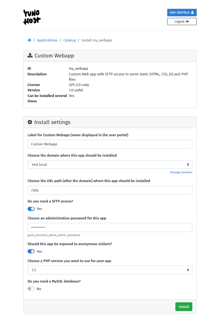 Pre-installation form of the Custom Webapp